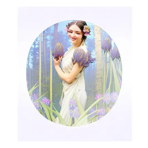 smiling woman looking over her shoulder in the woods surrounded by irises with blue lotus in hair in style of Mucha tattoo design idea
