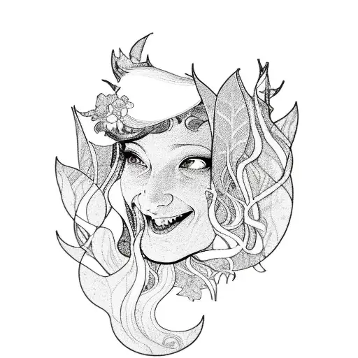 laughing woman in the woods with blue lotus in hair in style of Mucha tattoo design idea