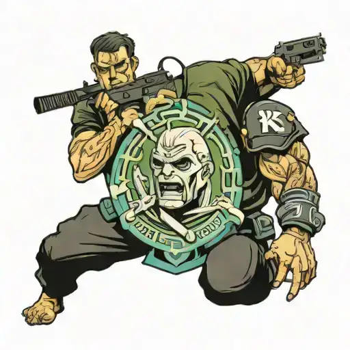 A tattoo design combining elements of Krav Maga combat techniques and eerie manga characters, filled with adventure and intriguing stories tattoo design idea