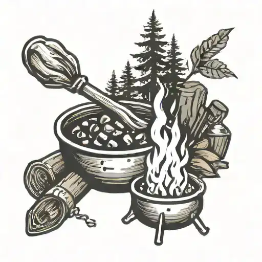 campfire with cooking pot and scouts emblem like tattoo design idea