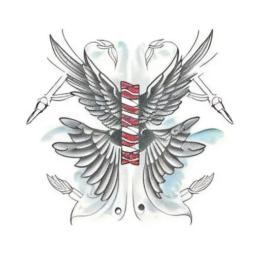 2 stretched out wings with bones and feathers tattoo design idea