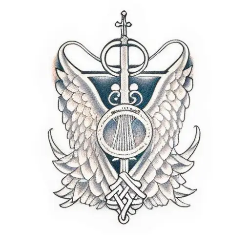 irish harp with angel as the pillar and wings as the neck of the harp tattoo design idea