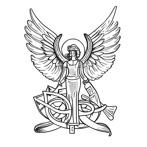 irish harp with angel as the pillar and wings as the neck of the harp tattoo design idea
