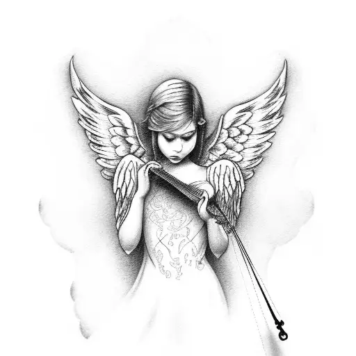harp with angel wings tattoo design idea