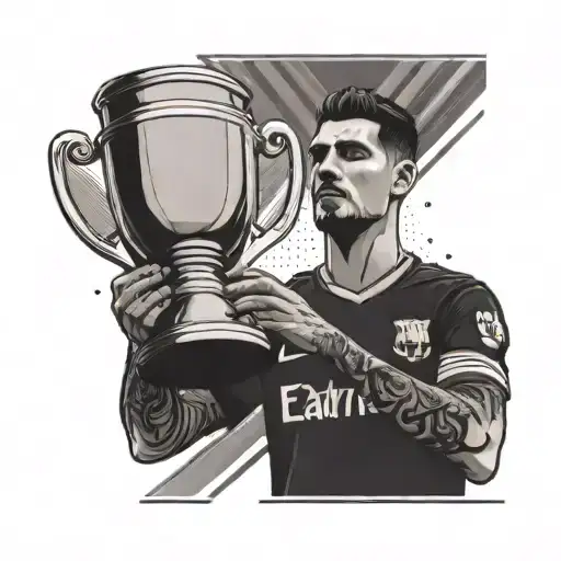 A Barcelona FC player lifting a trophy with the team's crest in the background tattoo design idea