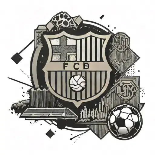 A soccer field with the Barcelona FC logo at the center, surrounded by gaming symbols tattoo design idea