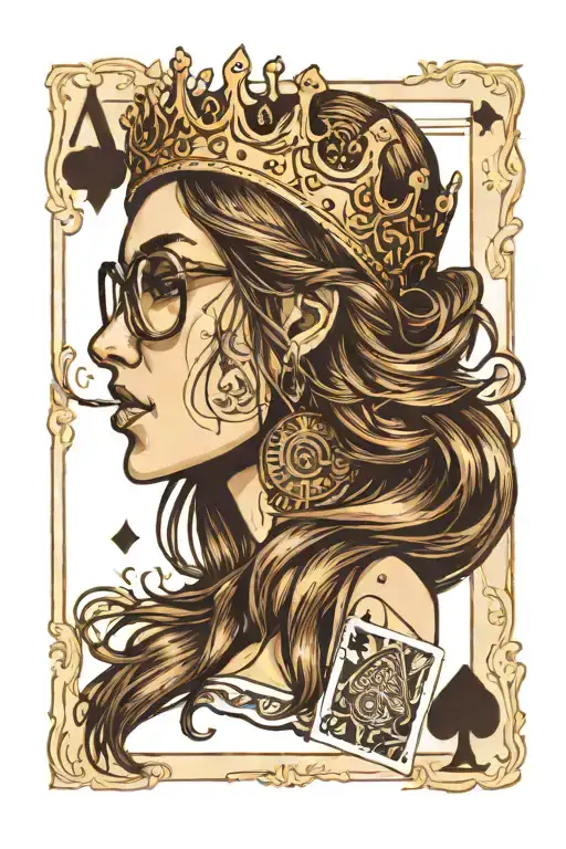 girl in profile, opens mouth, sticks out tongue, glasses, long brown hair, long nose, crown, ace of spades card tattoo design idea
