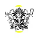 Bali face mask barong on calf. Ganesh holding ax and rope. a rose. a heart. psychedelic 3rd eye. all on half leg sleeve  tattoo design idea