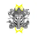 Bali face mask barong on calf. Ganesh holding ax and rope. a rose. a heart. psychedelic 3rd eye. all on half leg sleeve  tattoo design idea