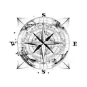 coordinates written in an old school typewriter font with a compass rose in the middle tattoo design idea