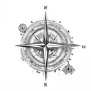 coordinates written in an old school typewriter font with a compass rose in the middle tattoo design idea