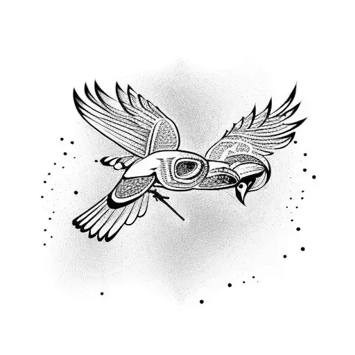 bird that is a hydrid of a barred owl and a phoenix taking flight from ashes tattoo design idea