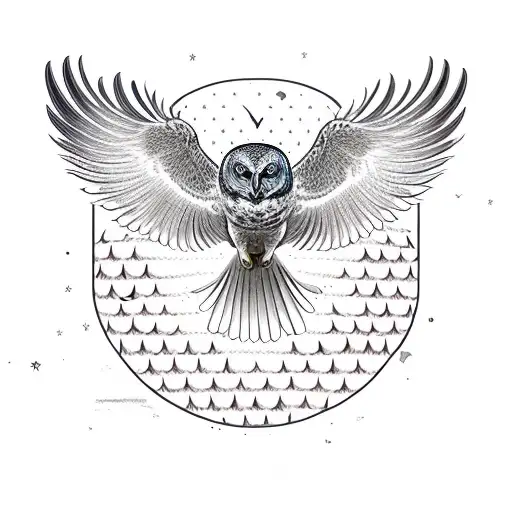 Stylized Flying Owl From The Elements Of The Ornament. The Bird Is Drawn In  Black Line On A White Background. Isolated Item. Vector Illustration. Tattoo.  Symbol. To Fly. Royalty Free SVG, Cliparts,