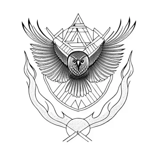 bird that is a hydrid of a barred owl and a phoenix taking flight from ashes tattoo design idea