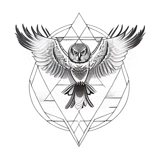 bird that is a hydrid of a barred owl and a phoenix taking flight from ashes tattoo design idea