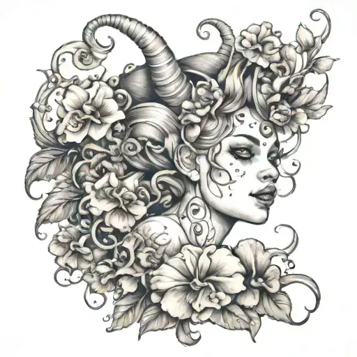 devil girl with mushrooms and flowers blooming tattoo design idea