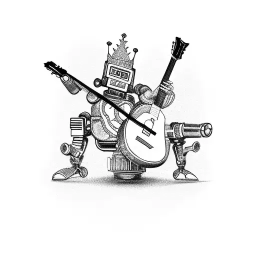 A robotic king playing a guitar surrounded by binary code tattoo design idea