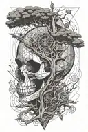 half animal skull, tree coming out of its eye, passage of time tattoo design idea