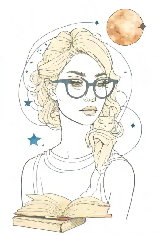 watercolor background celestial scene with books and ethereal portrait woman with cat eye glasses tattoo design idea