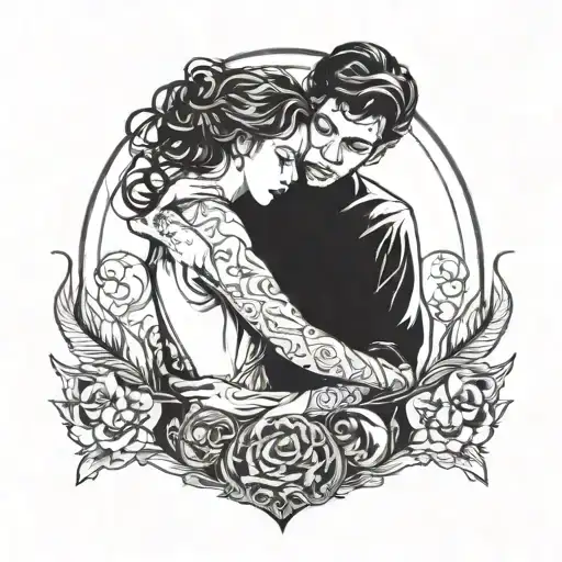 A shadowy figure embracing a person in a dark romance scene tattoo design idea