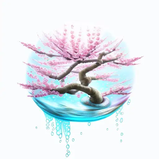 cherry blossom tree, water swirling, dying branches, falling petals, death tattoo design idea