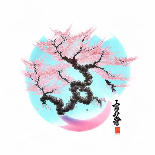 cherry blossom tree, water swirling, dying branches, falling petals, death tattoo design idea