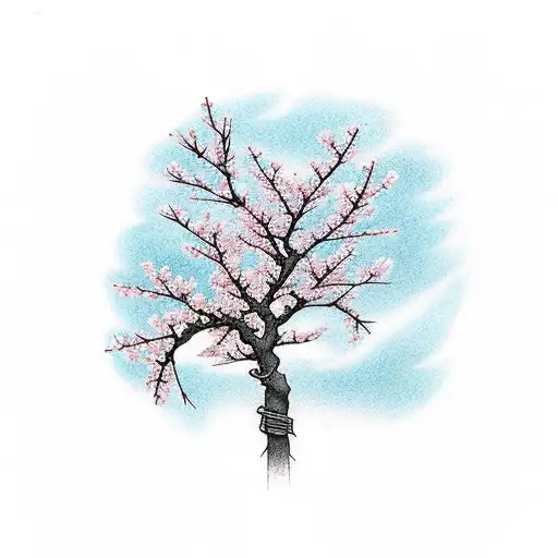 cherry blossom tree with water surrounding the branches partially half dying the other side flourishing tattoo design idea