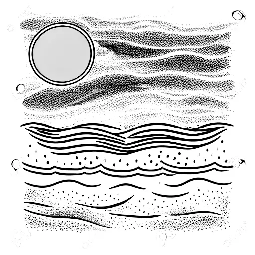 An ocean with a wave, the water of the ocean is a fingerprint. Above it a shooting star, and a sun together with a moon tattoo design idea