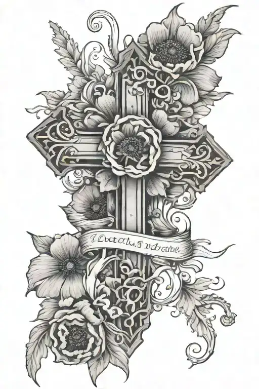 simple cross with poppy flowers and the words the devil can scrap but the lord has won tattoo design idea