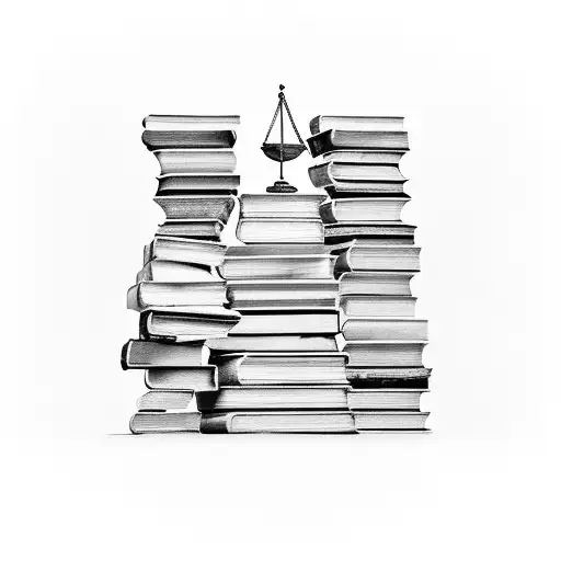 A stack of books with the scales of justice balancing on top, representing your passion for teaching and law tattoo design idea