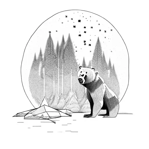 rectangle with bear in forest watching the stars and moon tattoo design idea
