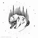 rectangle with bear in forest watching the stars and moon tattoo design idea