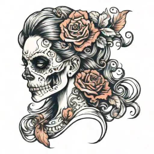 half skull and half girl face tattoo design idea