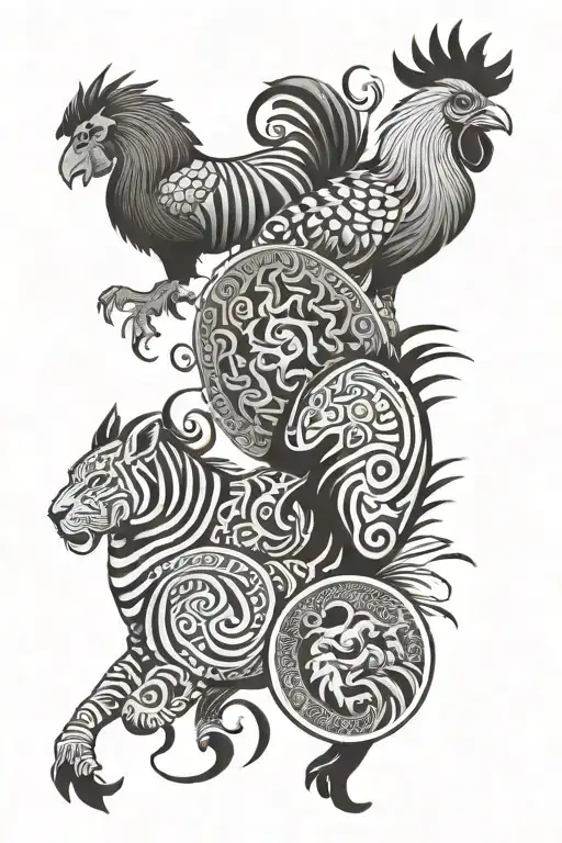 Please design a New Zealand tribal theme circular design with the animals, ox, horse, rooster and tiger tattoo design idea