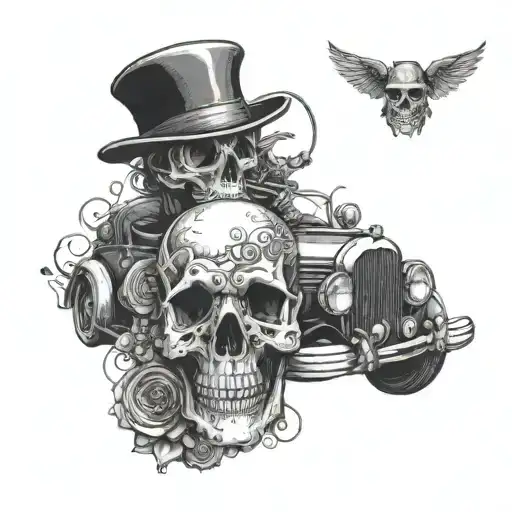 A skull morphing into a vintage car with dark and twisted details, surrounded by drum and bass music speakers tattoo design idea
