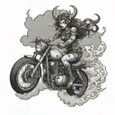 A demon girl riding a motorcycle through a storm of dark clouds tattoo design idea