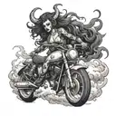 A demon girl riding a motorcycle through a storm of dark clouds tattoo design idea