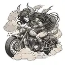 A demon girl riding a motorcycle through a storm of dark clouds tattoo design idea