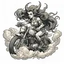 A demon girl riding a motorcycle through a storm of dark clouds tattoo design idea