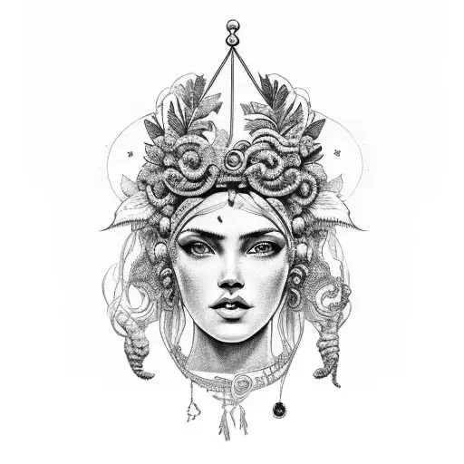 A swirling Greek column with a vibrant Amazonian woman adorned by a fierce, fruit and flowers and leaves -crowned on one tattoo design idea