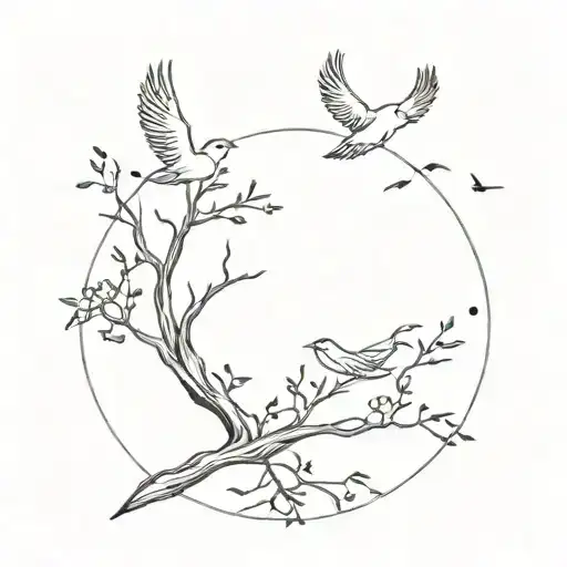 four birds flying under an acacia tree tattoo design idea