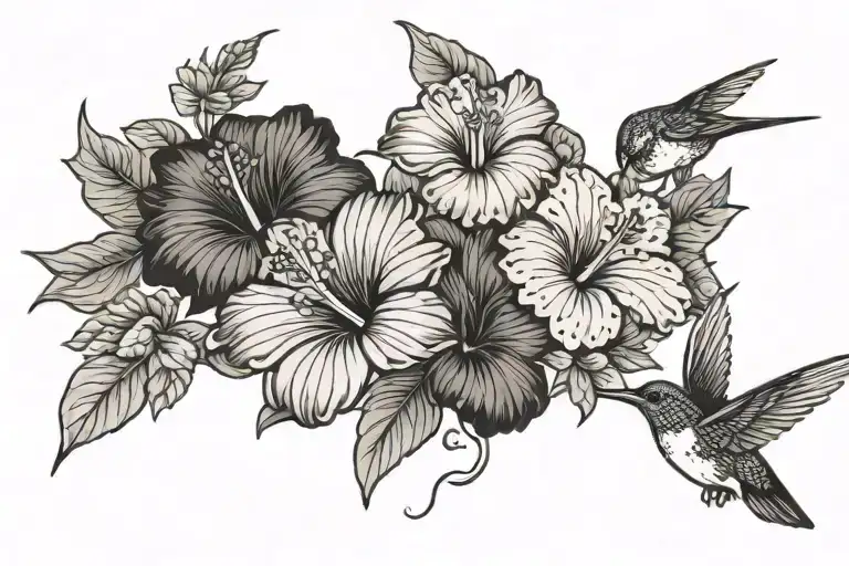Hibiscus flowers hummingbirds, Koi fish a few leaves and try to add space for a poem  tattoo design idea