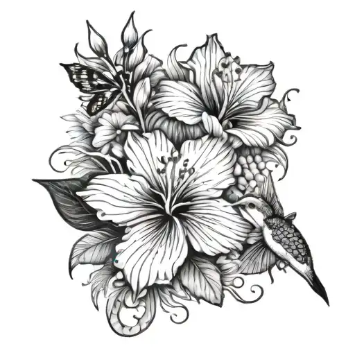 Hibiscus and Lily, flowers, dragonflies, and hummingbirds, Koi fish arm sleeve tattoo design idea