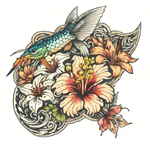 Hibiscus and Lily, flowers, dragonflies, and hummingbirds, Koi fish arm sleeve tattoo design idea