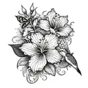 Hibiscus and Lily, flowers, dragonflies, and hummingbirds, Koi fish arm sleeve tattoo design idea