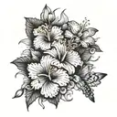 Hibiscus and Lily, flowers, dragonflies, and hummingbirds, Koi fish arm sleeve tattoo design idea