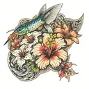 Hibiscus and Lily, flowers, dragonflies, and hummingbirds, Koi fish arm sleeve tattoo design idea