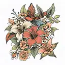 Hibiscus and Lily, flowers, dragonflies, and hummingbirds, Koi fish arm sleeve tattoo design idea