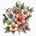 Hibiscus and Lily, flowers, dragonflies, and hummingbirds, Koi fish arm sleeve tattoo design idea