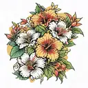 Hibiscus and Lily, flowers, dragonflies, and hummingbirds, Koi fish arm sleeve tattoo design idea
